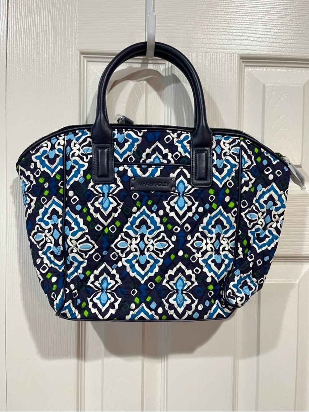 NWT Vera Bradley Signature Print Satchel Faux leather Pockets Double Handle Blue